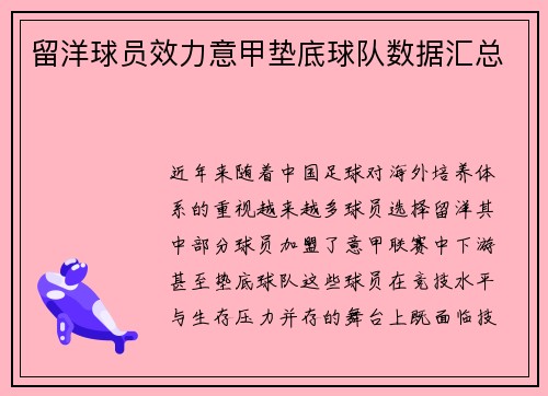 留洋球员效力意甲垫底球队数据汇总